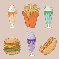 conjunto de adesivos de doodle de fast food, milkshakes, hambúrguer, cachorro-quente, batatas fritas. vetor