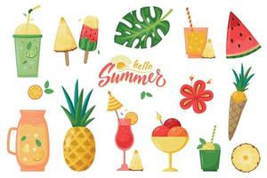 grande conjunto de elementos de verão - frutas, bebidas, sorvetes, folhas vetor