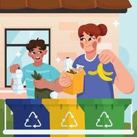 irmão e irmã separando lixo para reciclagem em casa