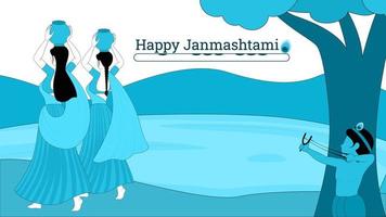 bal krishna com gulel e gopi com ilustração vetorial plana matki, ilustração vetorial feliz janmashtami. vetor