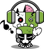 fantasia de personagem de desenho animado ilustração vetorial mascote de osso de zumbi ouvindo música vetor