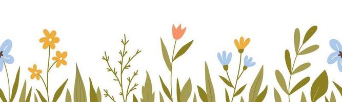 borda horizontal perfeita com flores e folhas fofas. fundo botânico. perfeito para decorações, cartões, designs de banner. ilustração vetorial em estilo simples desenhados à mão.