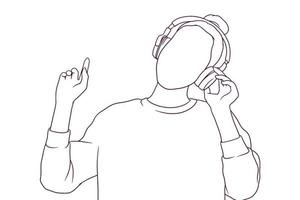 jovem ouvindo música ilustração vetorial de estilo desenhado à mão vetor