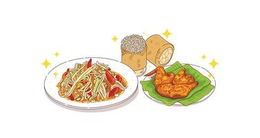 somtum e frango assado e arroz pegajoso comida tailandesa picante salada de mamão ilustração de desenhos animados desenhados à mão vetor