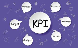 esquema de marketing kpi, diagrama com os termos pesquisa, estratégia, sucesso, análise, objetivo, otimização. as palavras são escritas em caixas de diálogo pop-up em um fundo roxo. vetor
