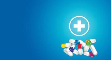 pílulas coloridas, cápsulas, cruz brilhante sobre um fundo gradiente azul. símbolos de cuidados de saúde de medicina. copie o espaço. ilustração vetorial