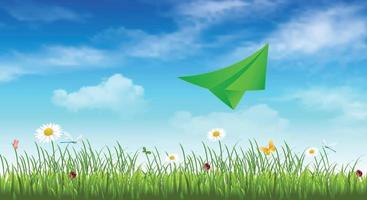 avião de papel verde sobre um fundo de céu azul com nuvens, grama verde e flores. fundo de primavera. bandeira de viagem. copie o espaço. ilustração vetorial vetor