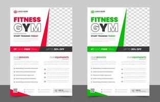 modelo de panfleto de ginásio de fitness com cor preta, vermelha e verde, ginásio, treino, fitness e panfleto esportivo. design de folheto de negócios de ginásio de fitness com forma única. vetor