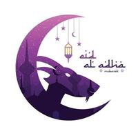 eid al-adha com cabeça de cabra, mesquita, estrelas da lua e lanternas. adequado para banners, cartazes, brochuras, modelos de brochuras de vendas vetor