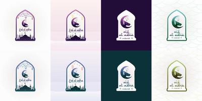 eid al-adha com cabeça de cabra, moldura islâmica, mesquita, estrelas da lua e lanternas. adequado para banners, cartazes, brochuras, conjunto de modelos de brochura de vendas vetor
