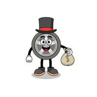 ilustração de mascote de roda de carro homem rico segurando um saco de dinheiro vetor