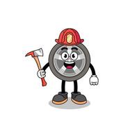 mascote de desenho animado de bombeiro de roda de carro vetor
