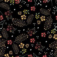 pontos de bordado com rosas, flores do prado, libélulas, borboletas, besouros. mão desenhada vector moda sem costura padrão em fundo preto. para tecido, decoração têxtil.