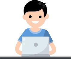 homem está sentado à mesa com o laptop. treino e educação. trabalhar como programador e freelancer. homem jovem. passatempos e entretenimento. ilustração plana dos desenhos animados. vetor