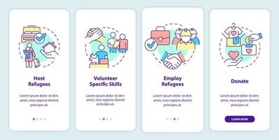 ajudando e apoiando refugiados na tela do aplicativo móvel. passo a passo 4 passos páginas de instruções gráficas com conceitos lineares. ui, ux, modelo de gui. vetor