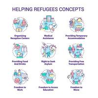 ajudando o conjunto de ícones do conceito de refugiados. assistência internacional a requerentes de asilo ideia ilustrações de cores de linha fina. símbolos isolados. traço editável. vetor