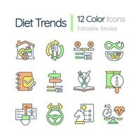 conjunto de ícones de cores rgb de tendências de dieta. nutrição saudável. prevenir doenças e obesidade. ilustrações vetoriais isoladas. coleção de desenhos de linha cheia simples. traço editável.