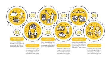 modelo de infográfico de vetor de estilos de viagem. passeio de luxo. elementos de design de apresentação de negócios. visualização de dados com seis etapas e opções. gráfico de linha do tempo do processo. layout de fluxo de trabalho com ícones lineares