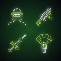 conjunto de ícones de luz neon de inventário de jogos online. esportes, ciberesportes. equipamento de jogos de computador. capacete de segurança, arma, arma, pára-quedas, seringa de adrenalina. sinais brilhantes. ilustrações vetoriais isoladas vetor