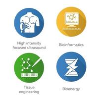 conjunto de ícones de glifo de sombra longa design plano de biotecnologia. Bioengenharia. ultra-som focalizado de alta intensidade, bioinformática, engenharia de tecidos, bioenergia. ilustração em vetor silhueta