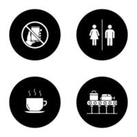 conjunto de ícones de glifo de serviço de aeroporto. proibição de smartphone, placa de wc, bebida quente, carrossel de bagagem. ilustrações vetoriais de silhuetas brancas em círculos pretos vetor