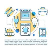 modelo de vetor de página de artigo de serviço de dispositivos domésticos e eletrônicos. brochura, revista, elemento de design de livreto com ícones lineares e caixas de texto. design de impressão. ilustrações de conceito com espaço de texto