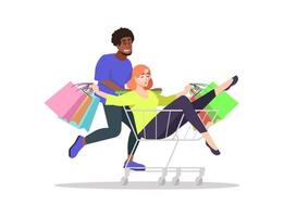 jovens fazendo compras ilustração vetorial plana. viciados em compras isolaram personagens de desenhos animados no fundo branco. presentes, bolsas. menina no carrinho. clientes felizes na venda sazonal, desconto vetor