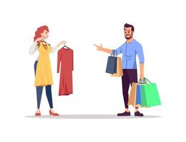 pessoas escolhendo roupas ilustração vetorial plana. casal de família isolado personagens de desenhos animados no fundo branco. guarda-roupa de moda fazendo compras juntos. presentes, bolsas, compras. festa, celebração vetor