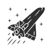 ícone de glifo de nave espacial. nave espacial voadora. veículo aeroespacial. míssil, aeronave. voo espacial humano. exploração espacial. símbolo de silhueta. espaço negativo. ilustração vetorial isolada vetor