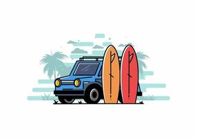 ilustração de carro pequeno e duas pranchas de surf vetor