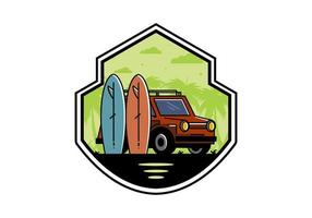 ilustração de carro pequeno e duas pranchas de surf vetor