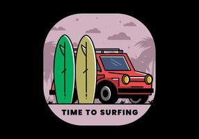 ilustração de carro pequeno e duas pranchas de surf vetor