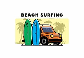 ilustração de carro pequeno e duas pranchas de surf vetor