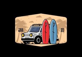 ilustração de carro pequeno e duas pranchas de surf vetor