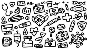 conjunto de ícones de equipamentos de saúde e hospitalares coleção de ilustração de modelo de contorno de doodle desenhado à mão vetor
