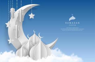 Ramadan Kareem papel arte lua, estrela, lanternas e Mesquita vetor