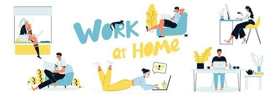 jovens freelancer trabalham em casa conjunto interno vetor