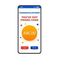 obtendo modelo de interface de smartphone de página de código promocional. ganhe desconto, oferta especial, layout de design de aplicativo móvel de cartão-presente. aplicativo de código de cupom flat ui. ecupom, tela de vaucher digital. visor do telefone vetor
