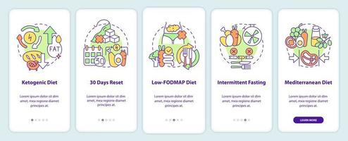 dietas da moda integrando a tela do aplicativo móvel. nutrição saudável passo a passo 5 passos páginas de instruções gráficas com conceitos lineares. ui, ux, modelo de gui. vetor