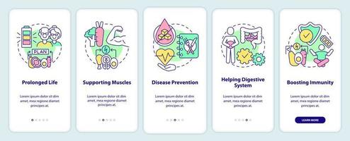 vantagens da dieta na tela do aplicativo móvel. nutrição saudável passo a passo 5 passos páginas de instruções gráficas com conceitos lineares. ui, ux, modelo de gui. vetor