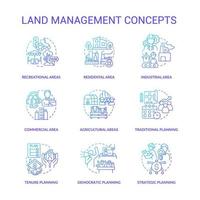 conjunto de ícones de conceito gradiente azul de gestão de terras. áreas residenciais ideia ilustrações de cores de linha fina. espaços comerciais, industriais. símbolos isolados. vetor