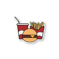remendo de fast-food. comida não saudável. copo de papel cola, cheeseburger e batatas fritas. adesivo de cor. ilustração vetorial isolada vetor