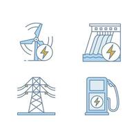 conjunto de ícones de cores da indústria de energia elétrica. linha elétrica de alta tensão, energia eólica e hídrica, estação de carregamento de veículos elétricos. ilustrações vetoriais isoladas vetor