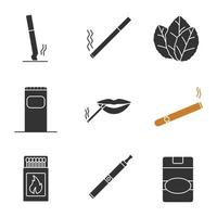 conjunto de ícones de glifo de fumar. cigarros apagados e acesos, folhas de tabaco, lata de lixo, boca de fumante, charuto, caixa de fósforos, vape, maço de cigarros. símbolos de silhueta. ilustração vetorial isolada vetor