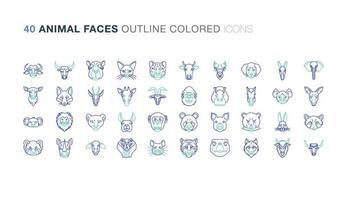 conjunto de ícones coloridos de contorno de rostos de animais vetor