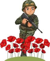 personagem de desenho animado militar com flor de papoula vetor