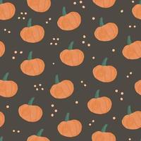 padrão sem emenda com abóboras laranja desenhadas à mão e estilo simples de pontos, ilustração vetorial em fundo escuro. design de embalagem e embalagem de halloween, vegetais frescos da fazenda vetor