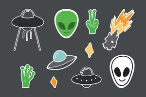 conjunto de linhas coloridas de ícones com adesivos de patches com estrelas de naves alienígenas ufo. impressão elegante do logotipo da mascote do estilo vetorial moderno no cartaz de moletom de t-shirt de roupas infantis.