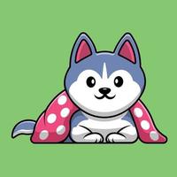 cão husky bonito usando ilustração de ícone de vetor de desenho animado cobertor. conceito de desenho animado animal