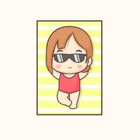 linda garota de óculos tomar sol na praia. férias de verão e férias. personagem de desenho animado chibi. ilustração vetorial plana vetor